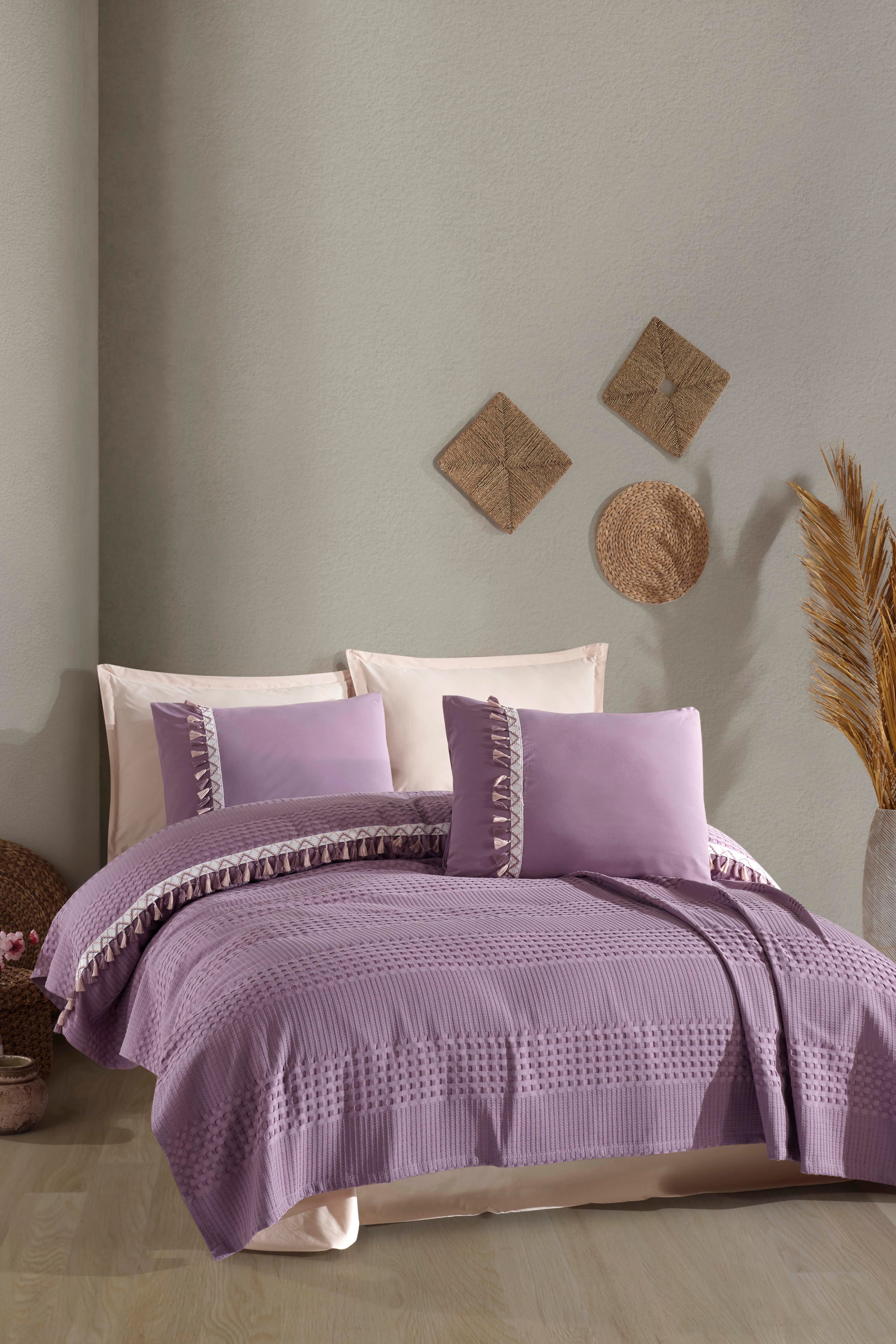 Clasy %100 Pamuk Butik Tek Kişilik Püsküllü Pike Takımı Bohamline V7 Lila image