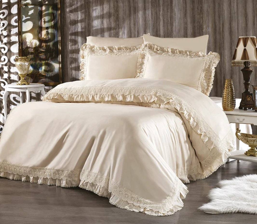 Nazik Home - Helen Dantelli Organik Pamuk Saten Çift Kişilik Nevresim Takımı