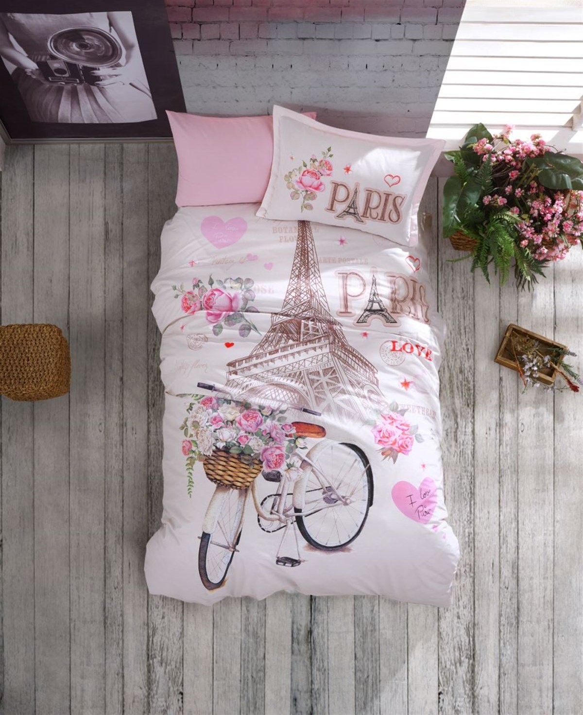 Clasy Ranforce %100 Pamuk Nevresim Takımı Tek Kişilik Paris Love V1 Pembe