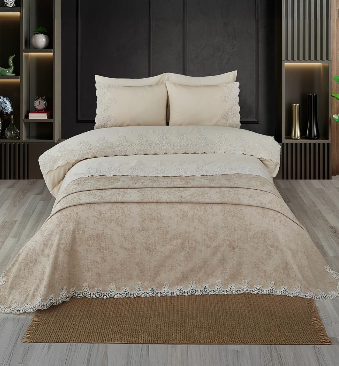 Nazik Home - Tienda İşlemeli Çift Kişilik 7 Parça Nevresim + Pike Set