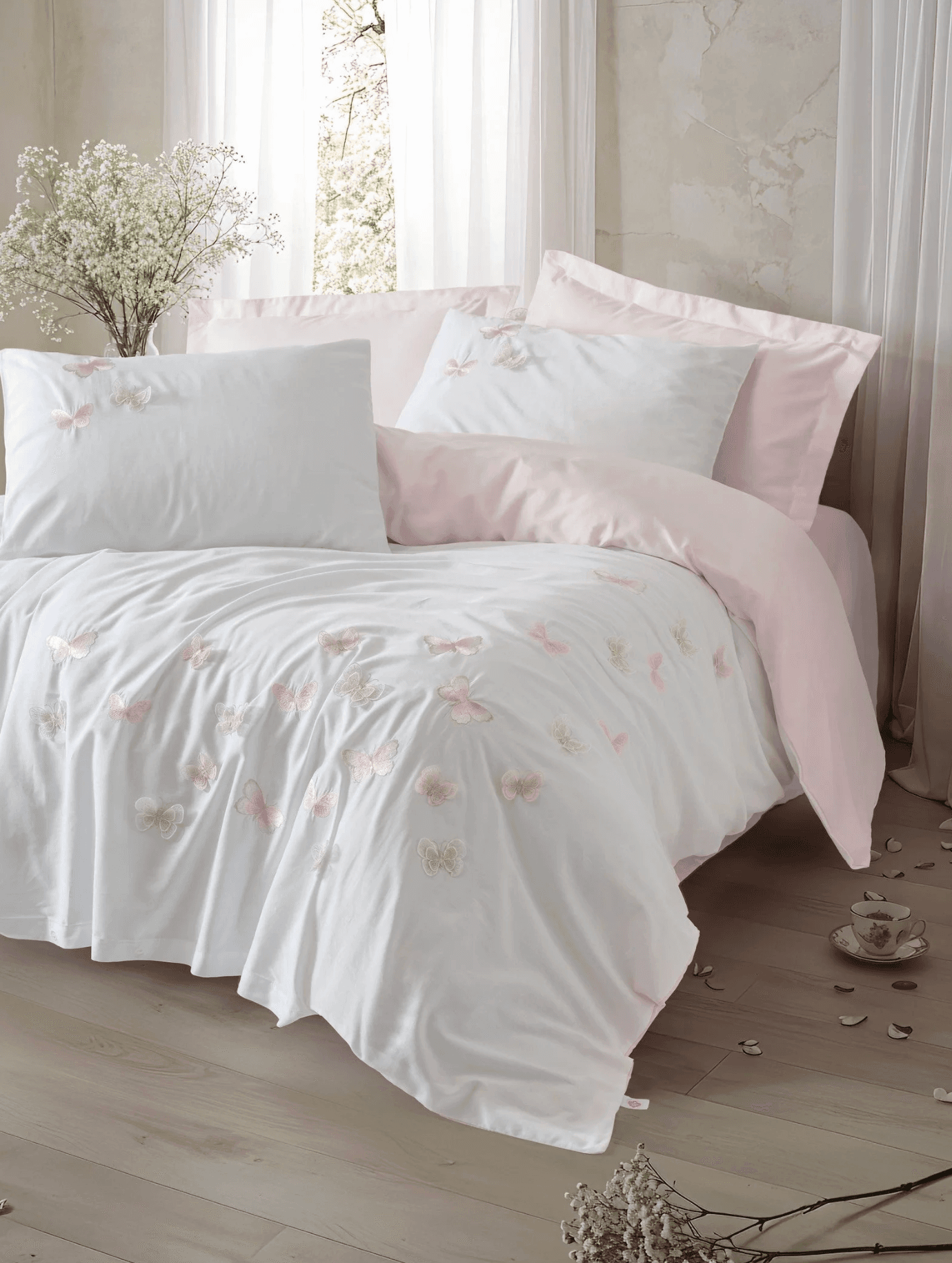 Cotton Box - 3D Nakışlı Saten Çift Kişilik Nevresim Takımı Charming Pudra