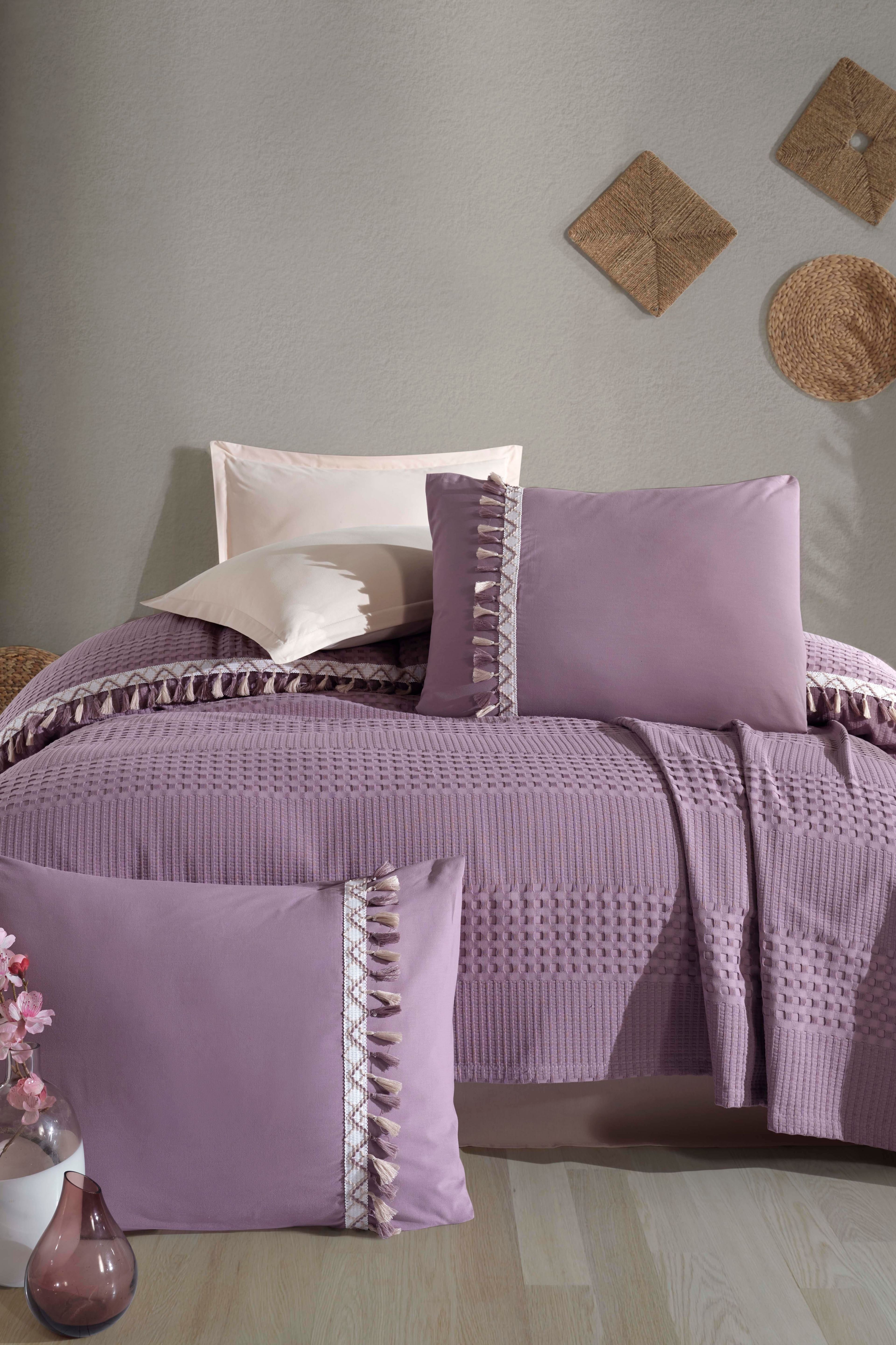 Clasy %100 Pamuk Butik Tek Kişilik Püsküllü Pike Takımı Bohamline V7 Lila