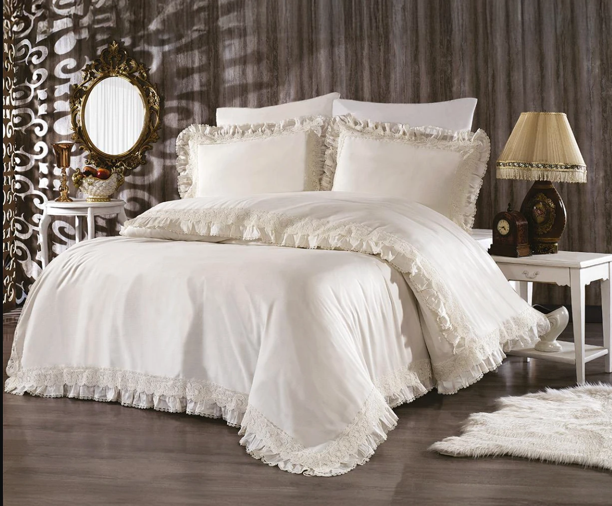 Nazik - Helen Dantelli Organik Pamuk Saten Çift Kişilik Nevresim Takımı