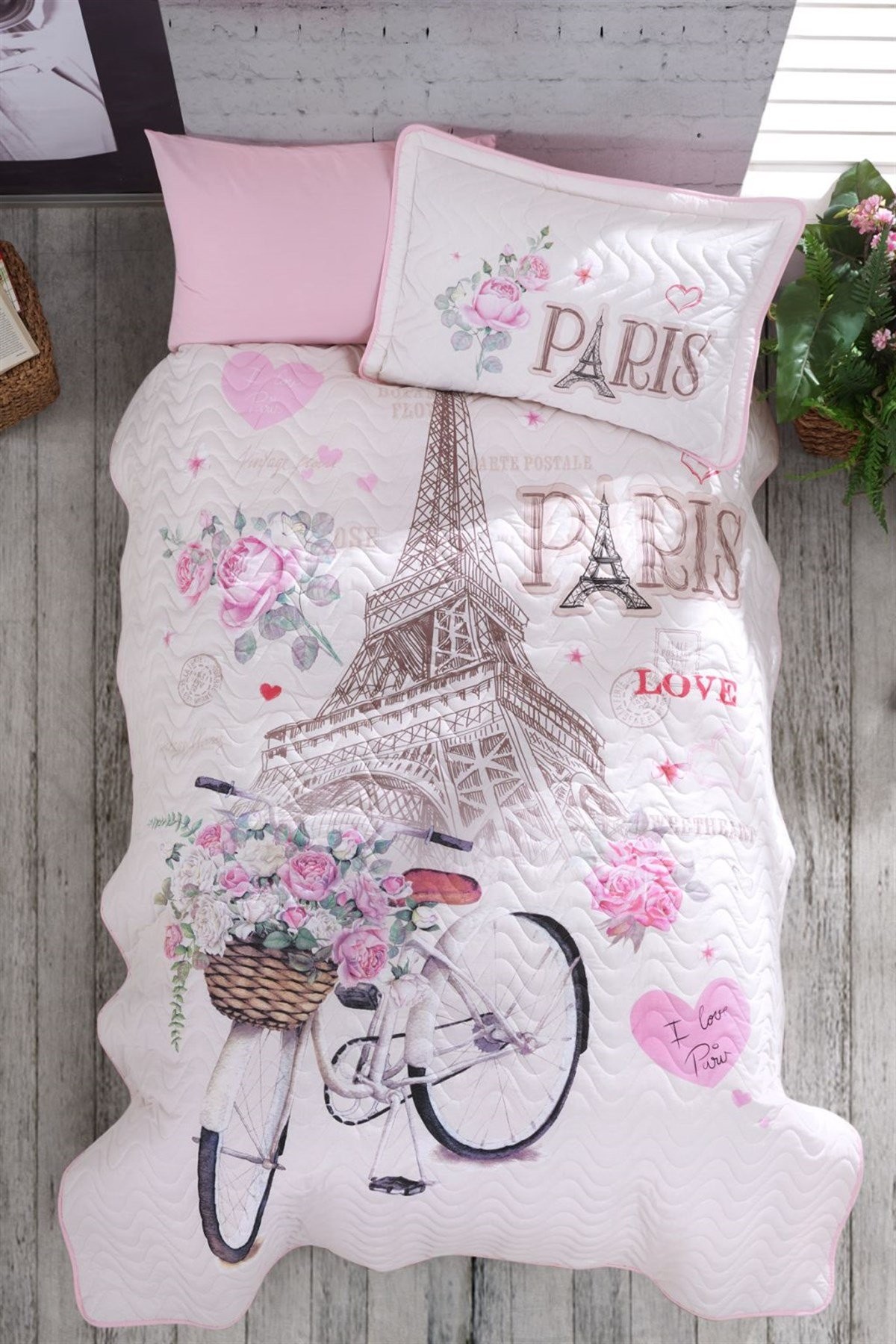 Clasy Ranforce %100 Pamuk Tek Kişilik Yatak Örtüsü Seti Paris Love V1 Pembe