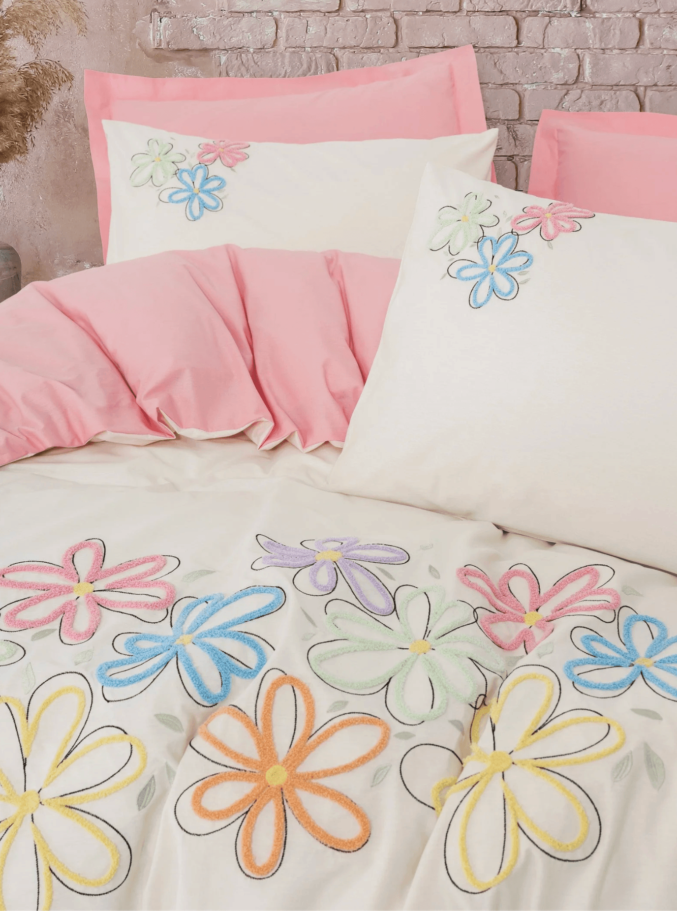 Cotton Box - Puff Nakışlı Çift Kişilik Nevresim Takımı Bellis Pembe image