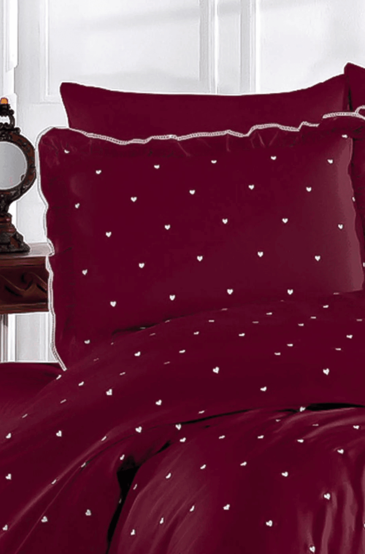 Nazik Home - Amore Kalp Nakışlı Pamuk Saten Çift Kişilik 6 Parça Nevresim Takımı - Bordo