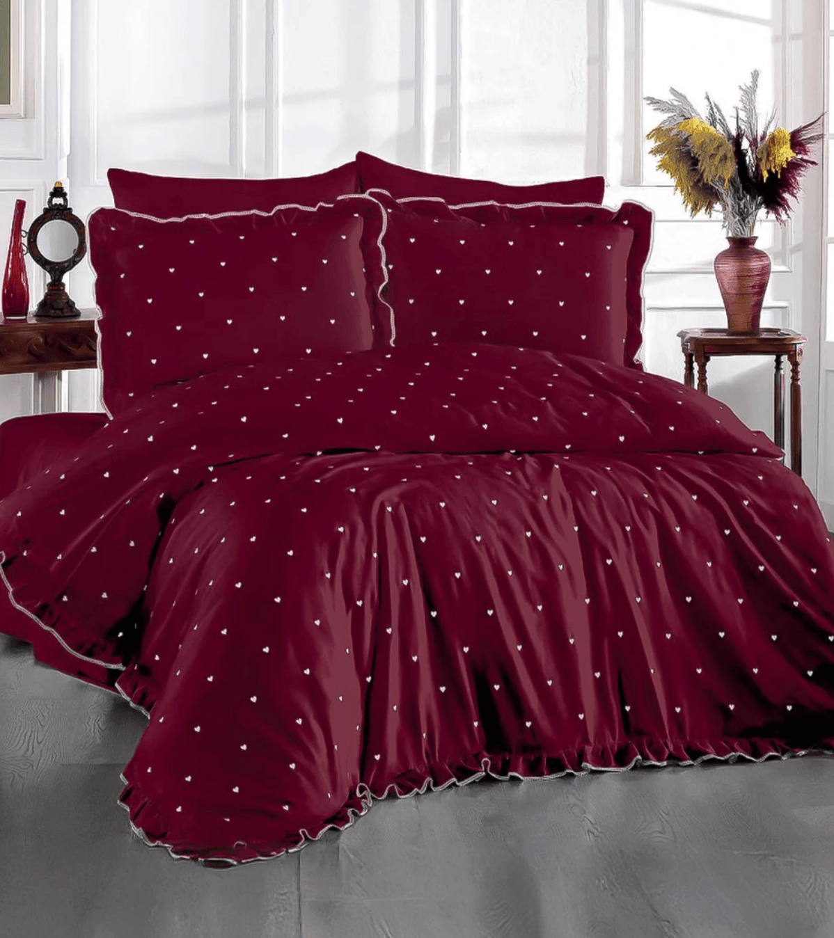 Nazik Home - Amore Kalp Nakışlı Pamuk Saten Çift Kişilik 6 Parça Nevresim Takımı - Bordo image