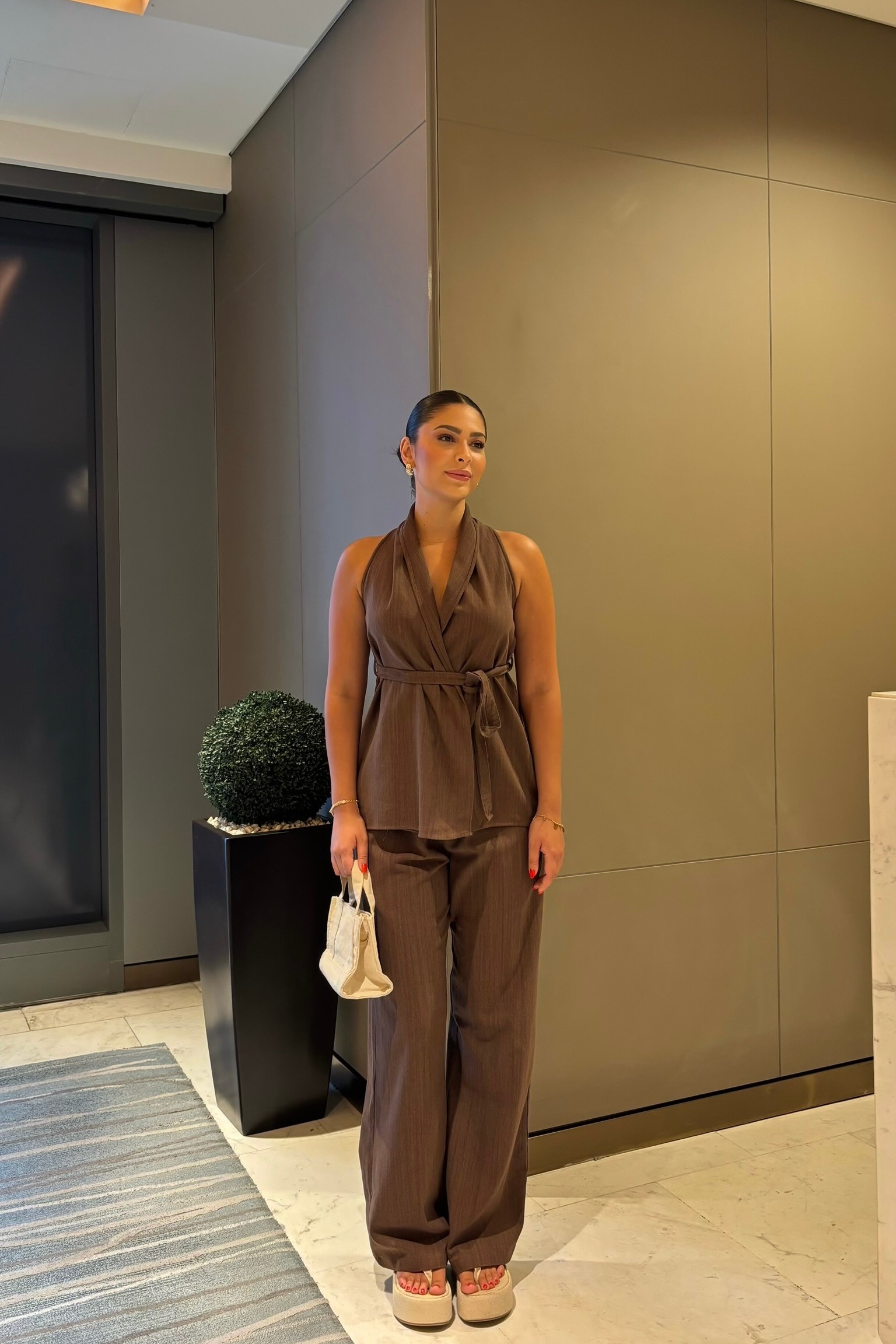 Premium Bağlamalı Keten Takım - Kahverengi