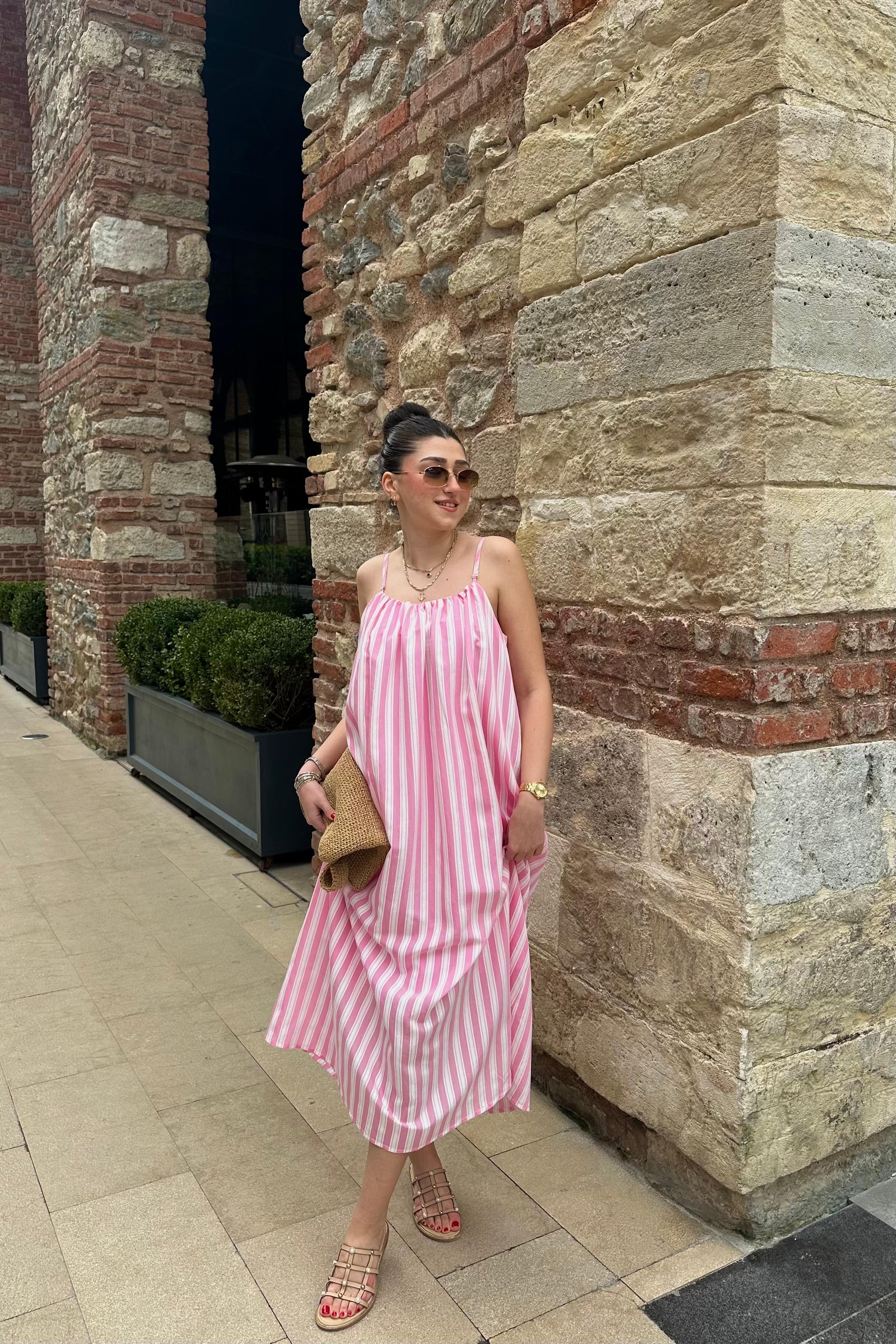 Askılı Çizgi Desen Elbise - Pembe