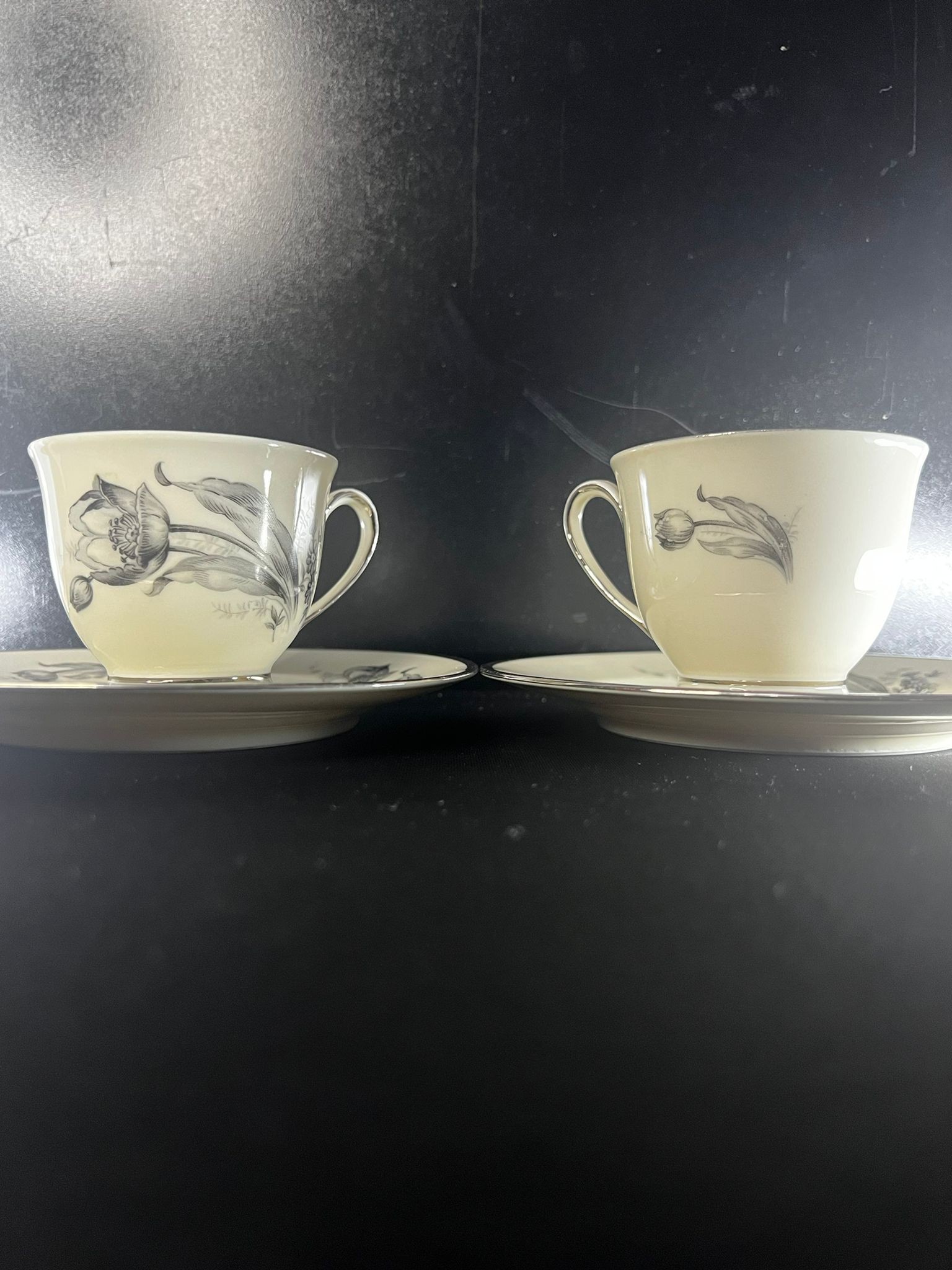 Lale Desenli Vintage Porselen 2’li Fincan & Tabak Takımı – Gümüş Yaldızlı Porselen Fincan  image