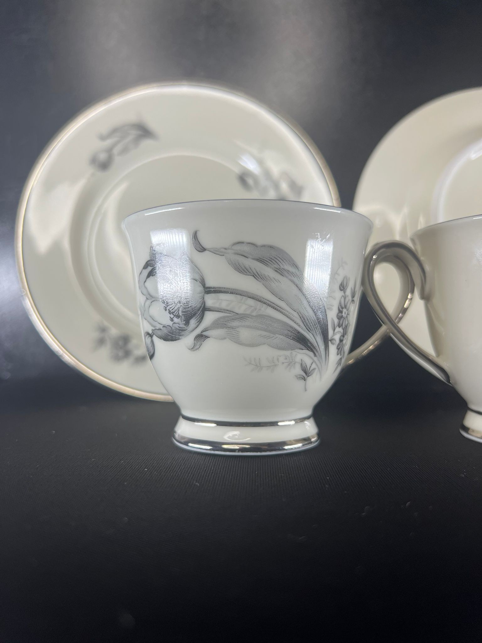 Lale Desenli Vintage Porselen 2’li Fincan & Tabak Takımı – Gümüş Yaldızlı Porselen Fincan 
