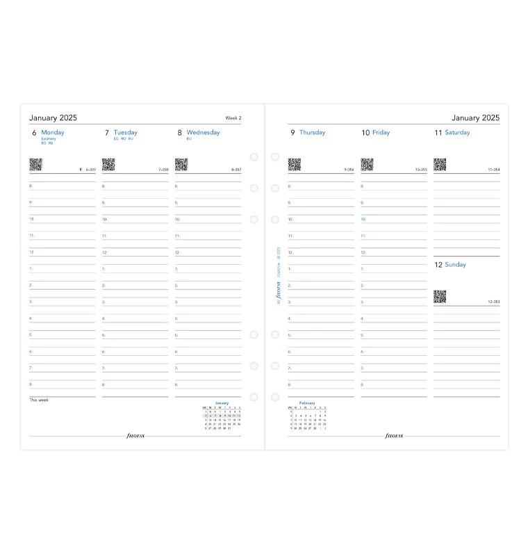 Filofax A5 Boy 2 Sayfada 1 Hafta Dikey Görünüm İngilizce - 2025 (Week On Two Pages Diary)