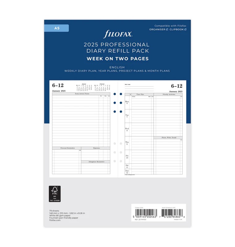 Filofax A5 Boy 2 Sayfada 1 Hafta Zaman Yönetimi Görünüm İngilizce - 2025 (Time Management Week To View Diary)