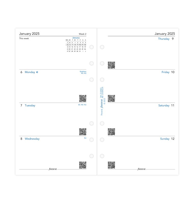 Filofax Personal Boy 2 Sayfada 1 Hafta Yatay Görünüm İngilizce - 2025 (Week On Two Pages Diary)