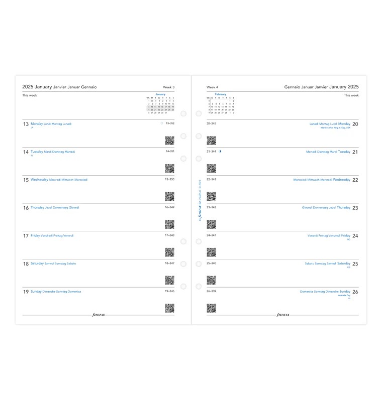 Filofax A5 Boy 1 Sayfada 1 Hafta Yatay Görünüm 5 Dil - 2025 (Week On One Page Diary Multilanguage)
