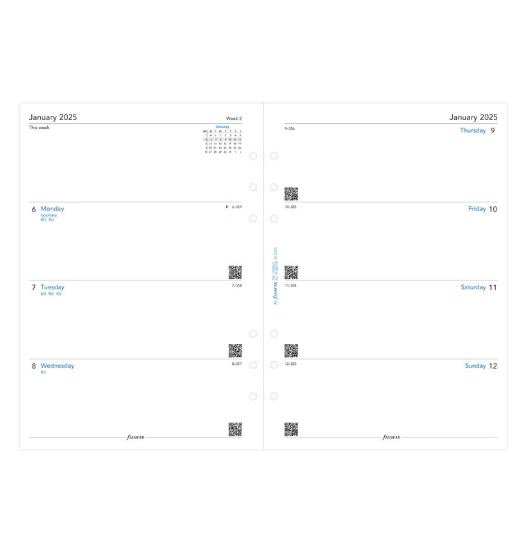 Filofax A5 Boy 2 Sayfada 1 Hafta Yatay Görünüm İngilizce - 2025 (Week On Two Pages Diary)