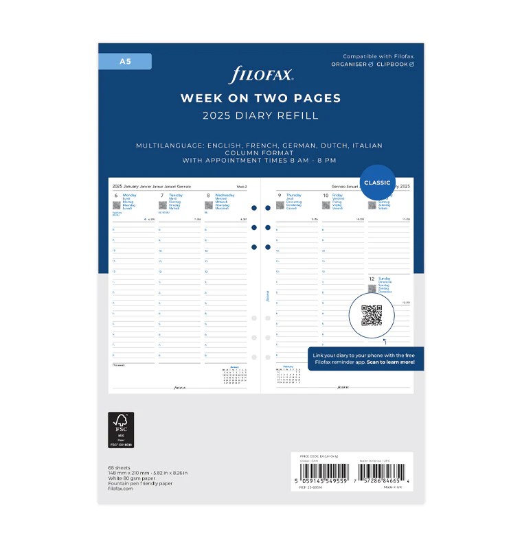 Filofax A5 Boy 2 Sayfada 1 Hafta Dikey Görünüm 5 Dil - 2025 (Week On Two Pages Diary Multilanguage)