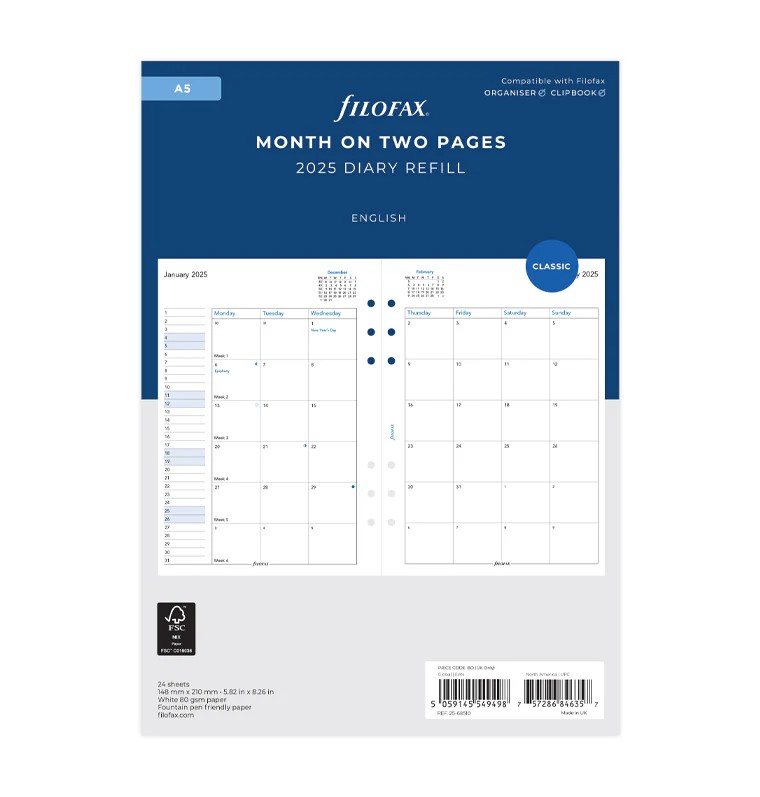 Filofax A5 Boy 2 Sayfada 1 Ay Görünüm İngilizce - 2025 (Month On Two Pages Diary)