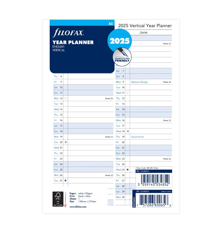 Filofax A5 Boy Yıllık Planlayıcı Yatay Görünüm İngilizce - 2025 (Vertical Year Planner)