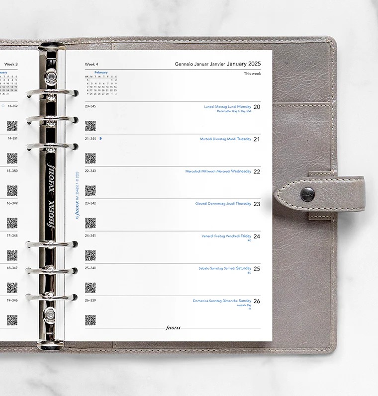 Filofax A5 Boy 1 Sayfada 1 Hafta Yatay Görünüm 5 Dil - 2025 (Week On One Page Diary Multilanguage)