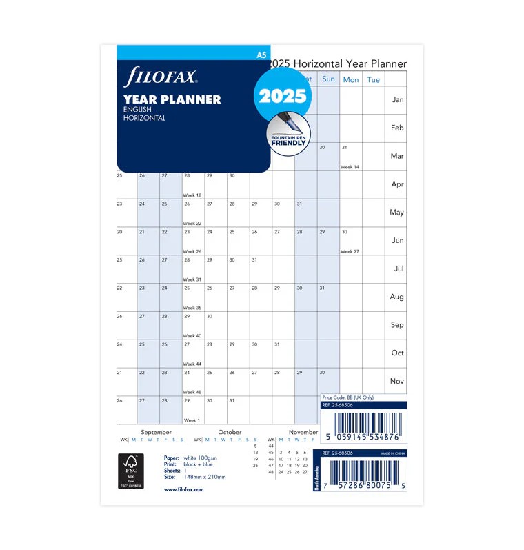 Filofax A5 Boy Yıllık Planlayıcı Dikey Görünüm İngilizce - 2025 (Horizontal Year Planner)