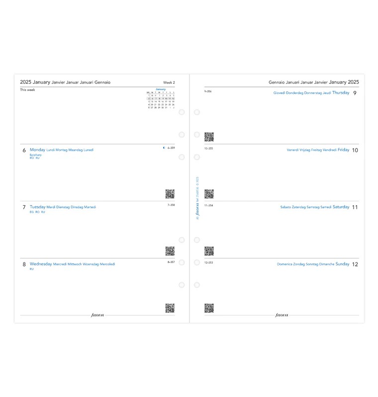 Filofax A5 Boy 2 Sayfada 1 Hafta Yatay Görünüm 5 Dil - 2025 (Week On Two Pages Diary Multilanguage)