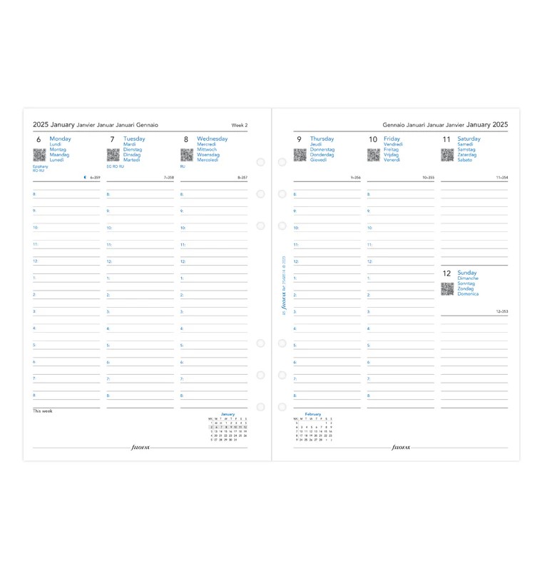 Filofax A5 Boy 2 Sayfada 1 Hafta Dikey Görünüm 5 Dil - 2025 (Week On Two Pages Diary Multilanguage)