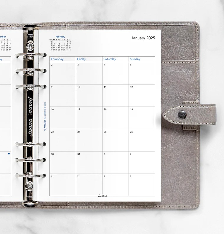 Filofax A5 Boy 2 Sayfada 1 Ay Görünüm İngilizce - 2025 (Month On Two Pages Diary)