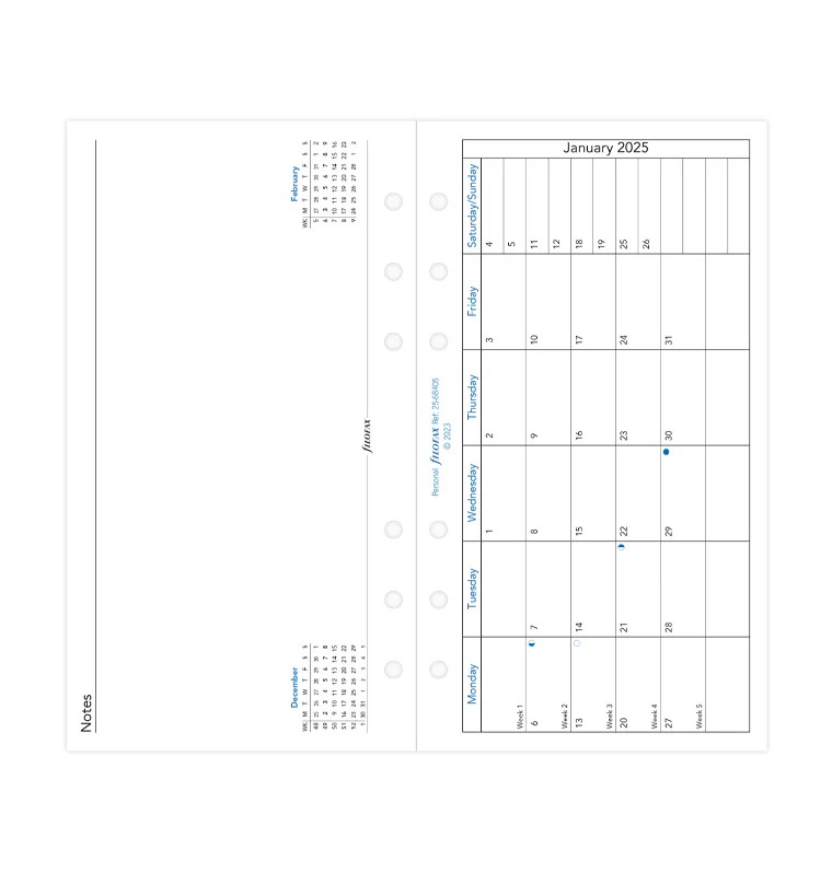 Filofax Personal Boy 1 Sayfada 1 Ay Görünüm ve Notlar İngilizce - 2025 (Month On One Page Diary with Notes)