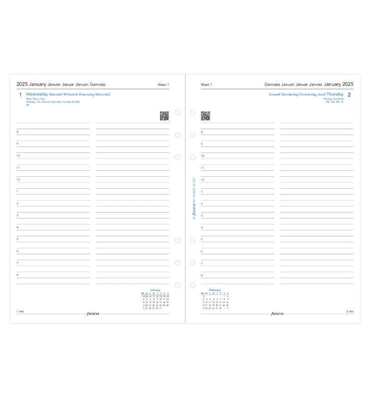 Filofax A5 Boy Her Gün 1 Sayfada 5 Dil - 2025 (One Day On A Page Diary With Appointments Multilanguage)