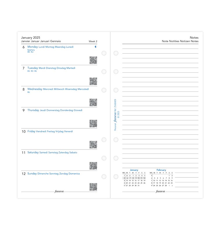 Filofax Personal Boy 1 Sayfada 1 Hafta Görünüm ve Notlar 5 Dil - 2025 (Week On One Page Diary With Notes Multilanguage)