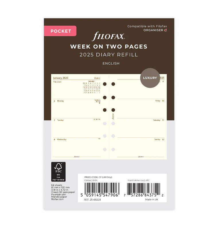 Filofax Cep Boy 2 Sayfada 1 Hafta Görünüm Krem İngilizce - 2025 (Week On Two Pages Diary - Cotton Cream)