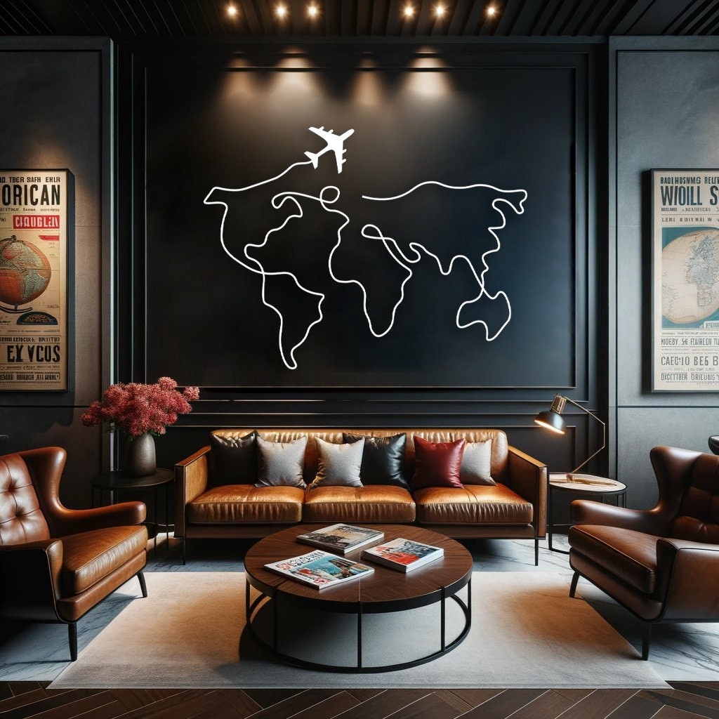 Dünya Haritası Uçaklı (World Map with Plane) Metal Duvar Tablosu