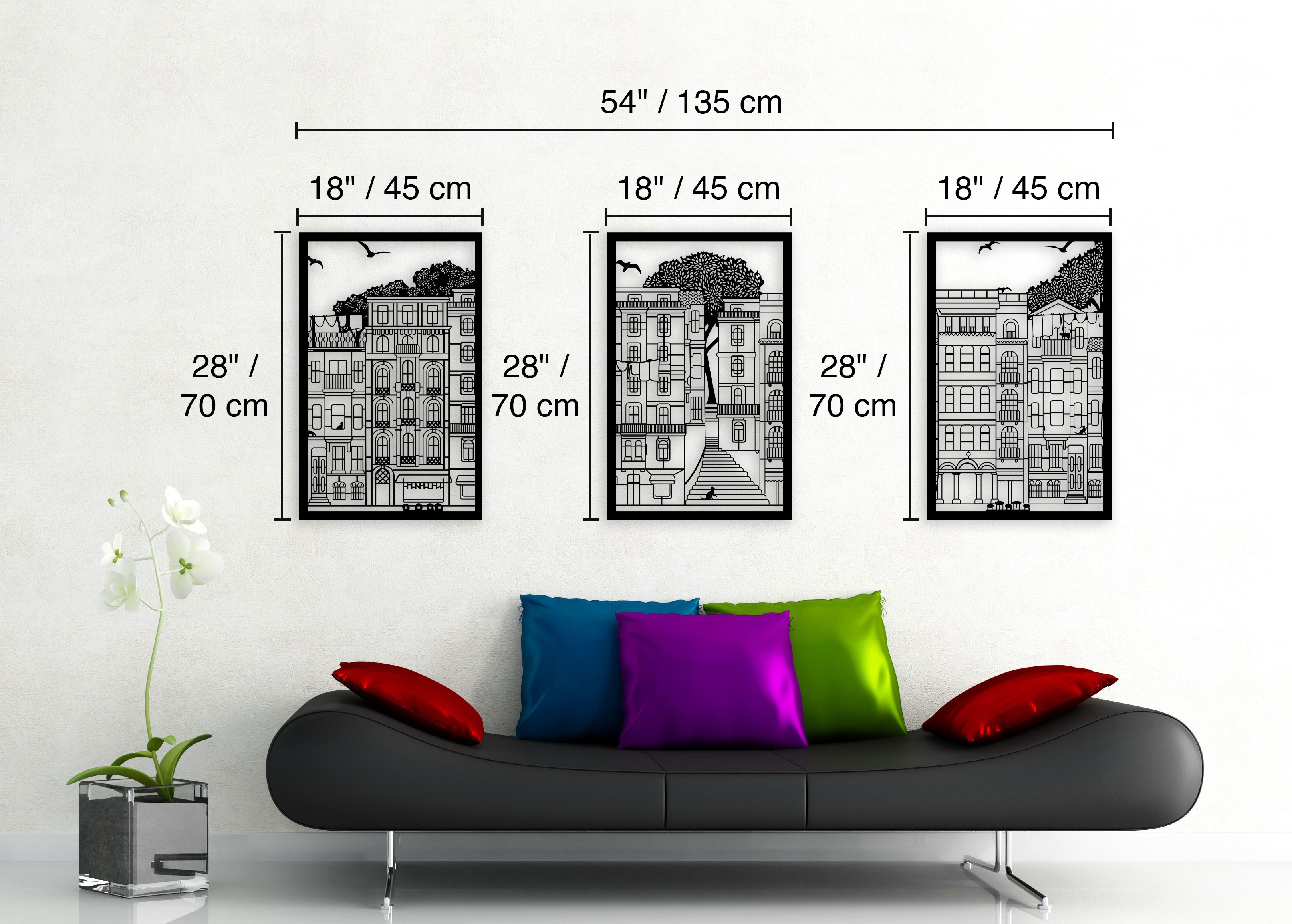 3 Parçalı Şehir (3 Piece City) Metal Duvar Tablosu