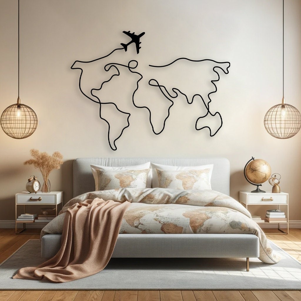 Dünya Haritası Uçaklı (World Map with Plane) Metal Duvar Tablosu