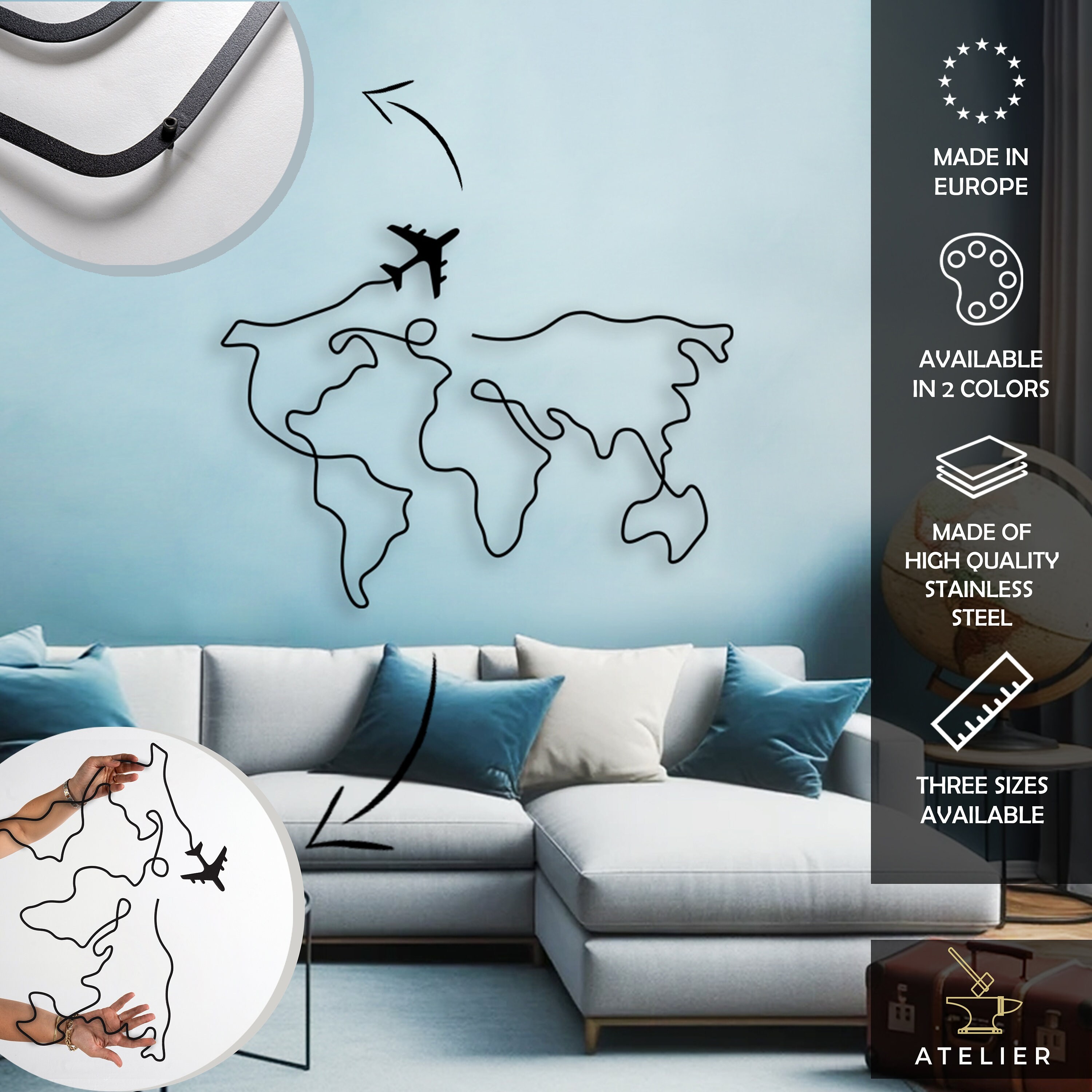 Dünya Haritası Uçaklı (World Map with Plane) Metal Duvar Tablosu