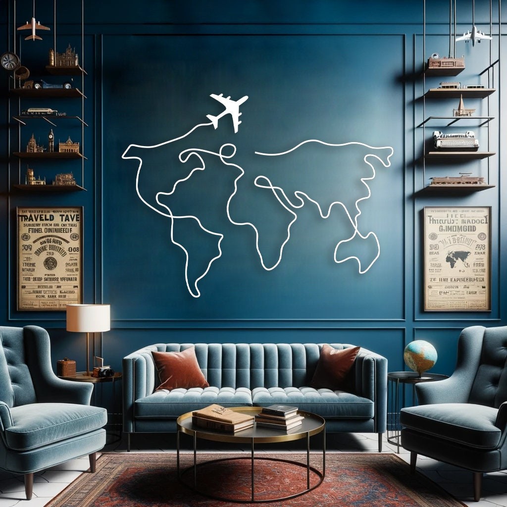 Dünya Haritası Uçaklı (World Map with Plane) Metal Duvar Tablosu