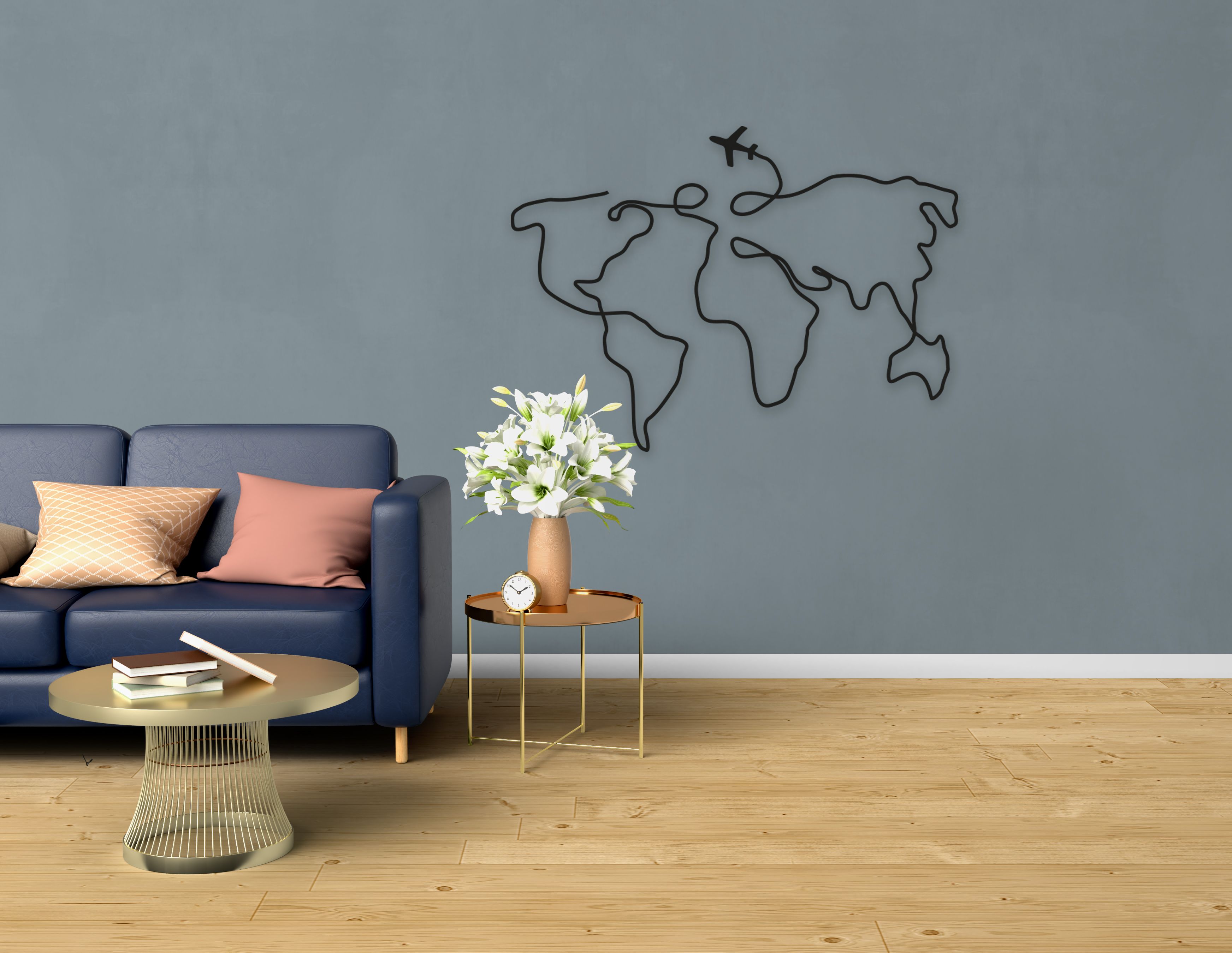 Dünya Haritası Uçaklı (World Map with Plane) Metal Duvar Tablosu