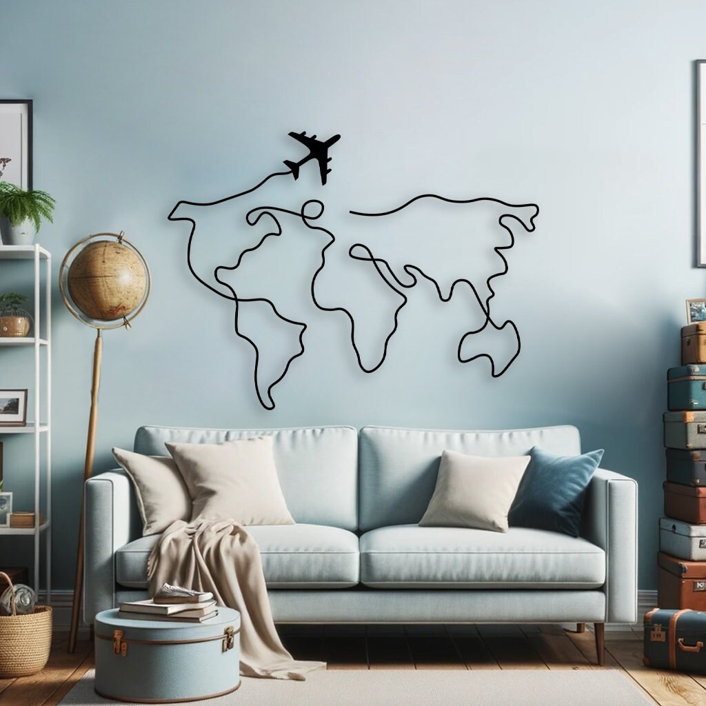 Dünya Haritası Uçaklı (World Map with Plane) Metal Duvar Tablosu