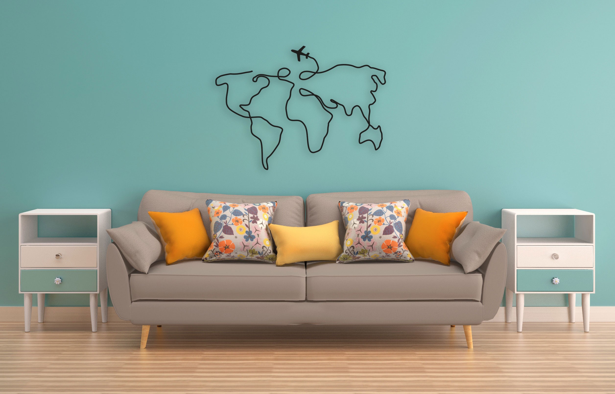 Dünya Haritası Uçaklı (World Map with Plane) Metal Duvar Tablosu