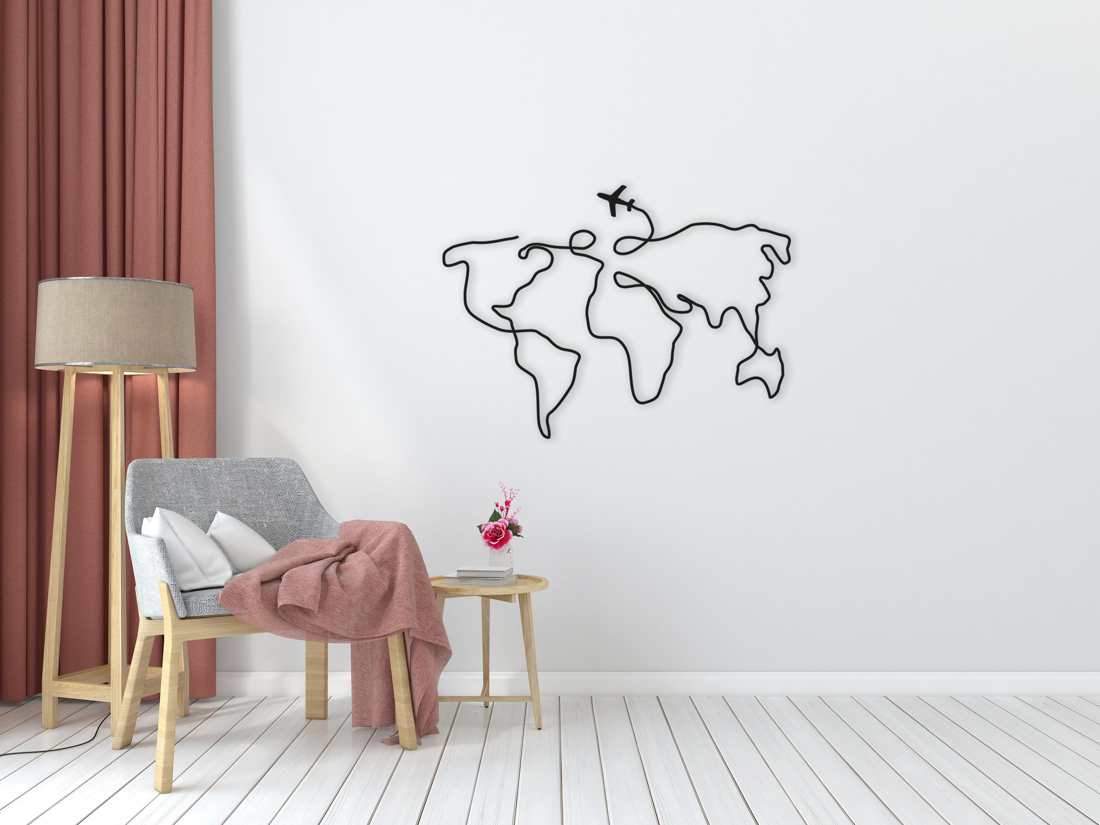 Dünya Haritası Uçaklı (World Map with Plane) Metal Duvar Tablosu