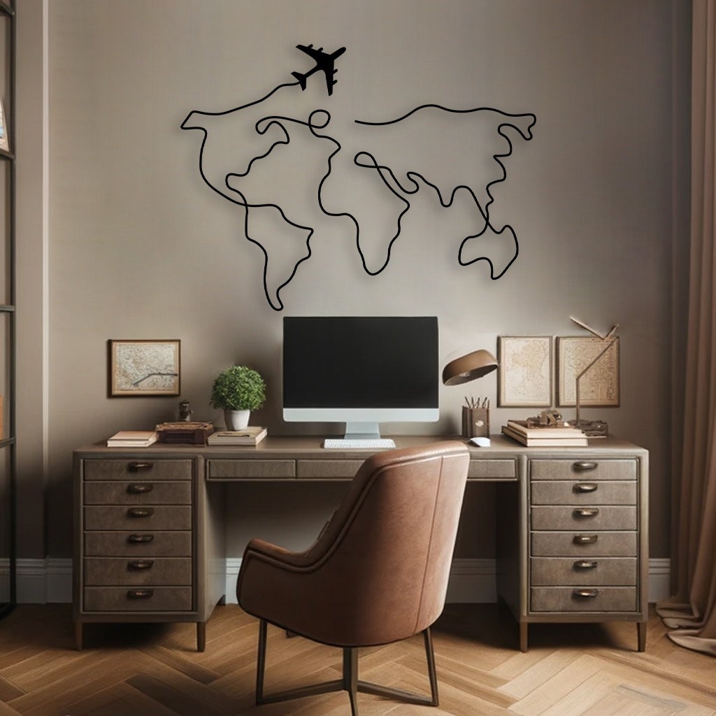 Dünya Haritası Uçaklı (World Map with Plane) Metal Duvar Tablosu