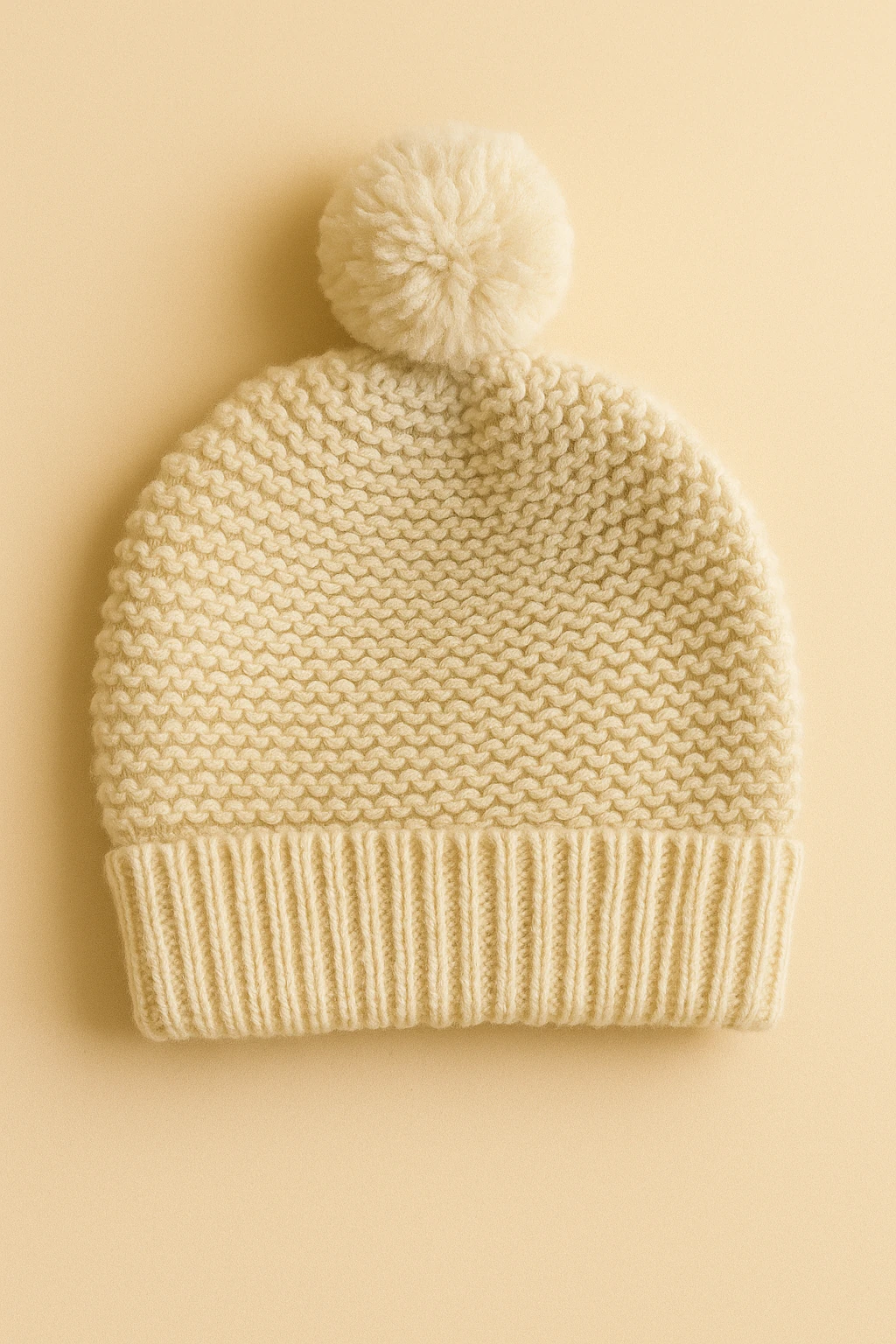 Bej Örgü Triko Bebek Seti – El Örgüsü Görünümlü Tulum & Ponponlu Şapka (2’li Set)