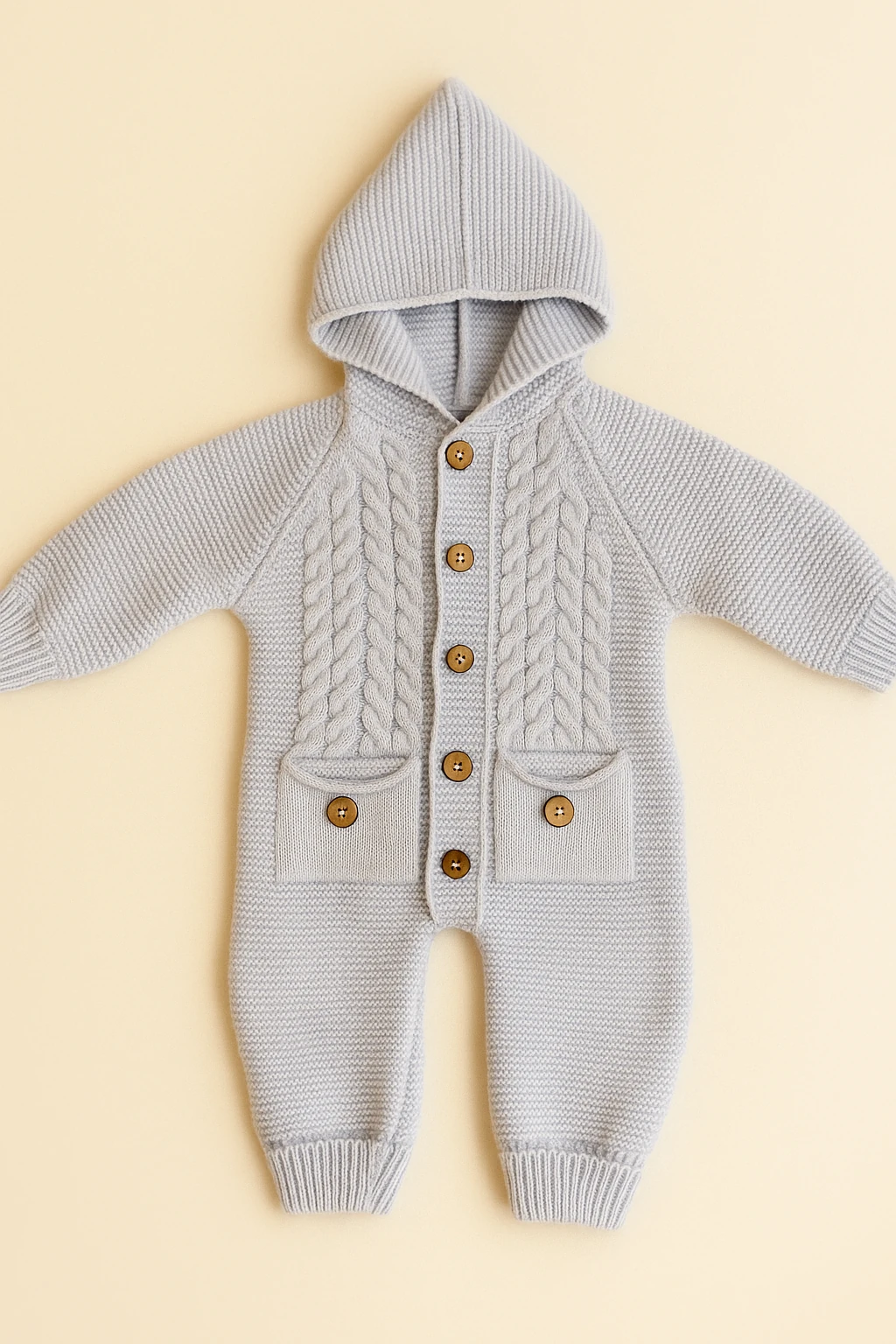 Hooded Knit Baby Romper – Pocketed, Hand-Knitted Look - Baby Blue