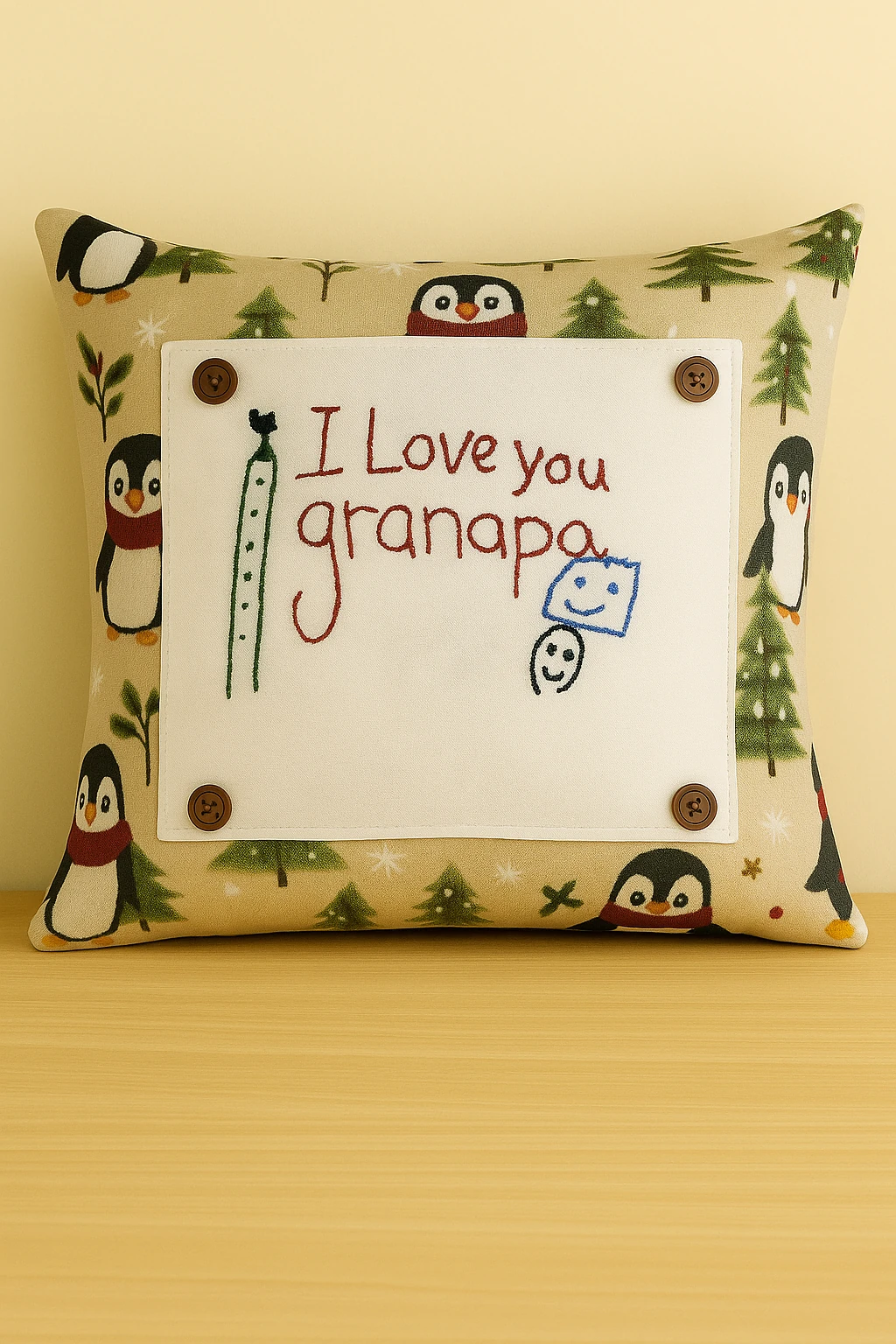 Kişiye Özel Nakışlı Noel Yastık Kılıfı – Çocuk Çizimi veya Yazı ile – Düğmeli Değiştirilebilir Panel