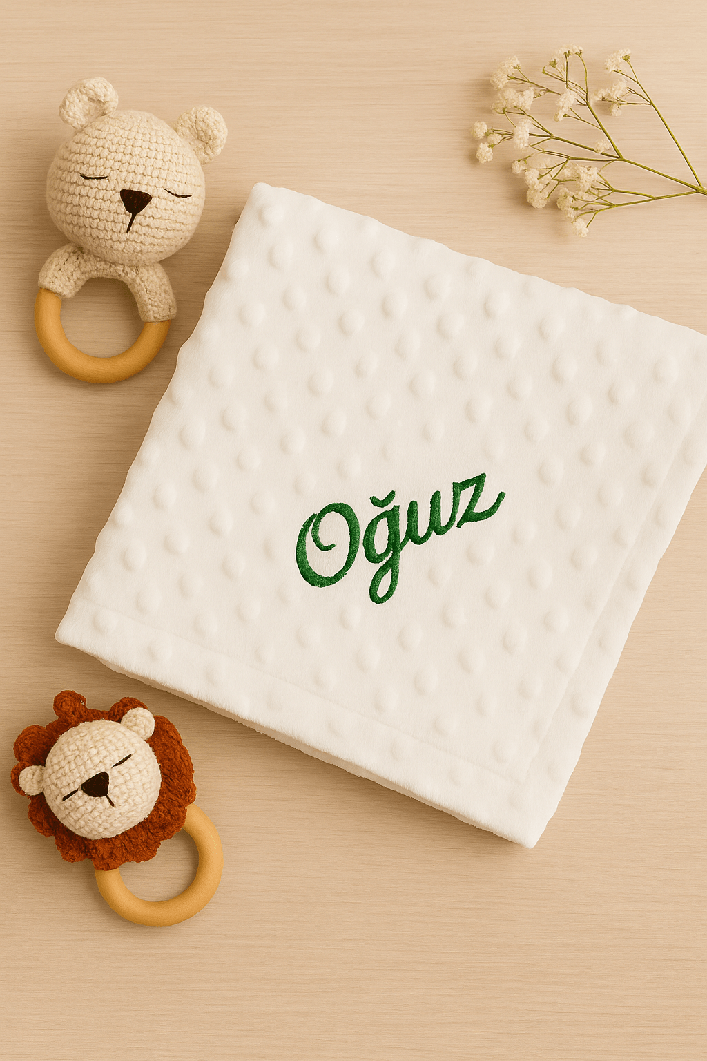 Welcome Baby Set 2 (Name Embroidered Blanket + Handmade Toy + Newborn Set)