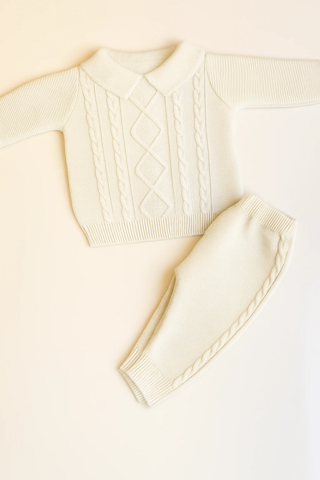 Beige Knit Pattern Baby Outfit – Vintage Textured Winter Knit Set - Cream