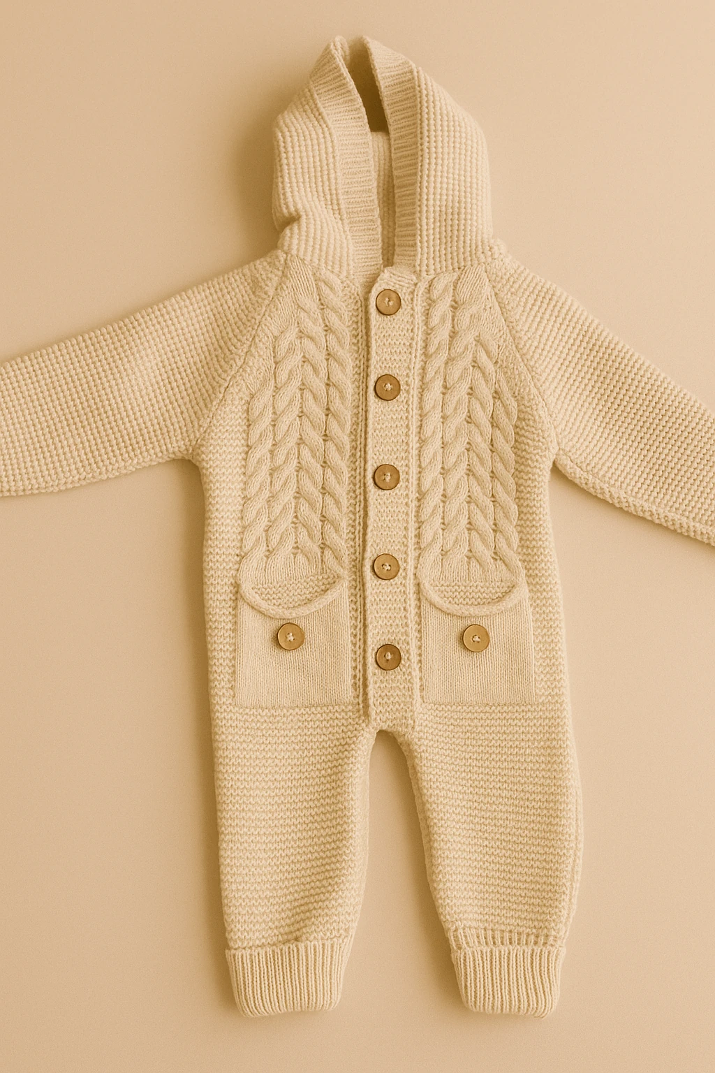 Hooded Knit Baby Romper – Pocketed, Hand-Knitted Look - Cream