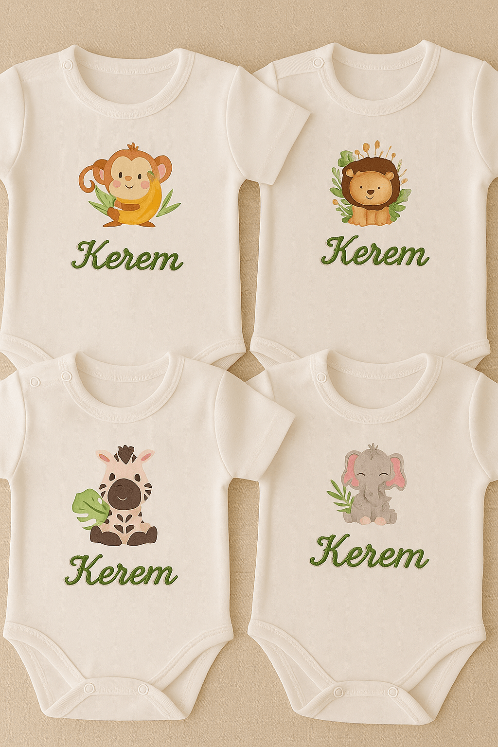İsme Özel Nakışlı 4lü Zıbın Body Set - Mini Zoo