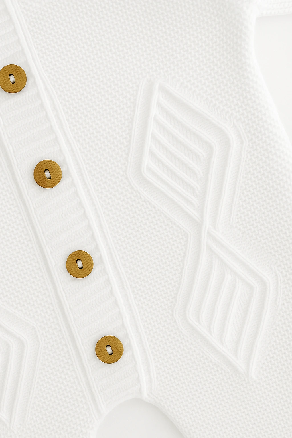 Beyaz Triko Bebek Tulum ve Şapka Seti – %100 Pamuklu, Ahşap Düğmeli, El Örgüsü Görünümlü